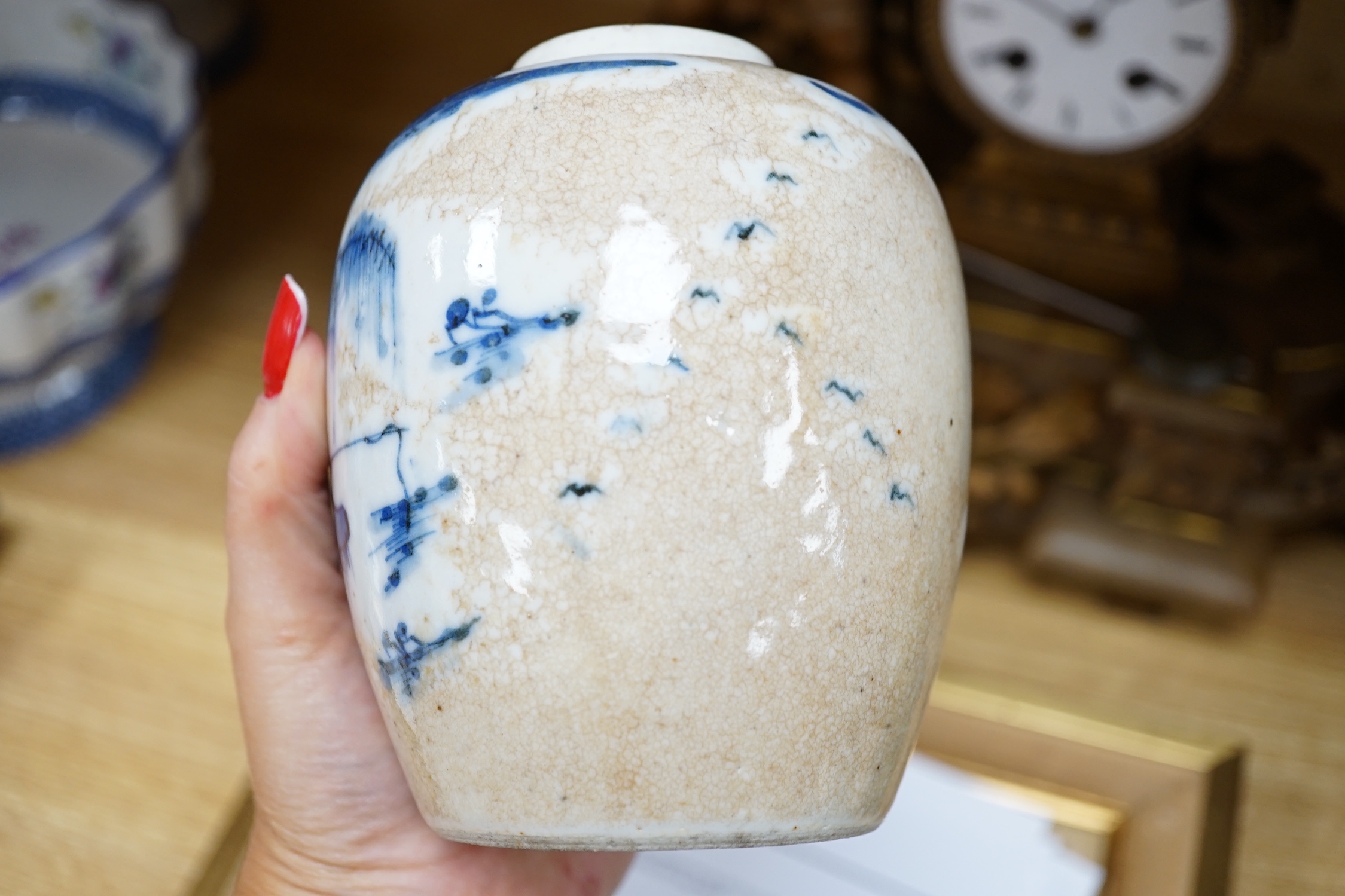 A Chinese ginger jar, another with cover and an ornamental bone and wooden travelling compass, tallest 14cm high